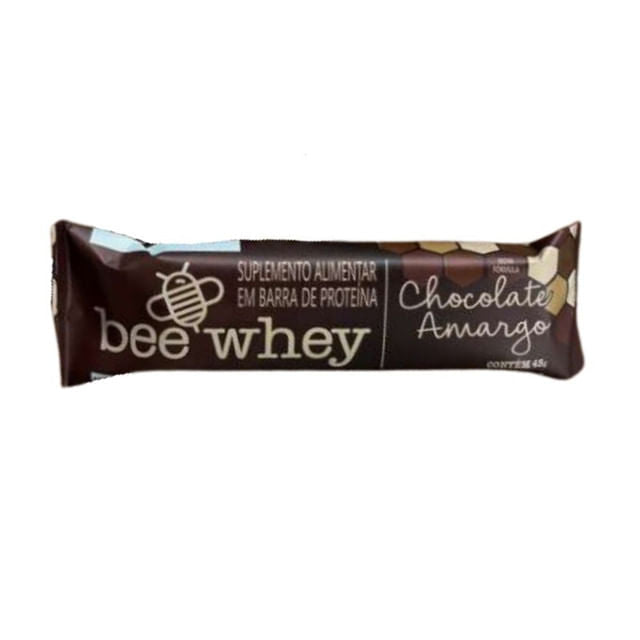 Embalagem-marrom-da-Barra-de-Proteina-Bee-Whey-sabor-chocolate-amargo-com-45g-e-detalhes-em-favo-de-mel-no-design.