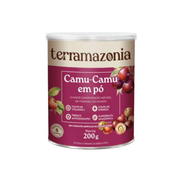 Embalagem-de-Camu-Camu-em-po-Terramazonia-200g-rotulo-roxo-com-frutas-ilustradas-destacando-alta-concentracao-de-vitamina-C.