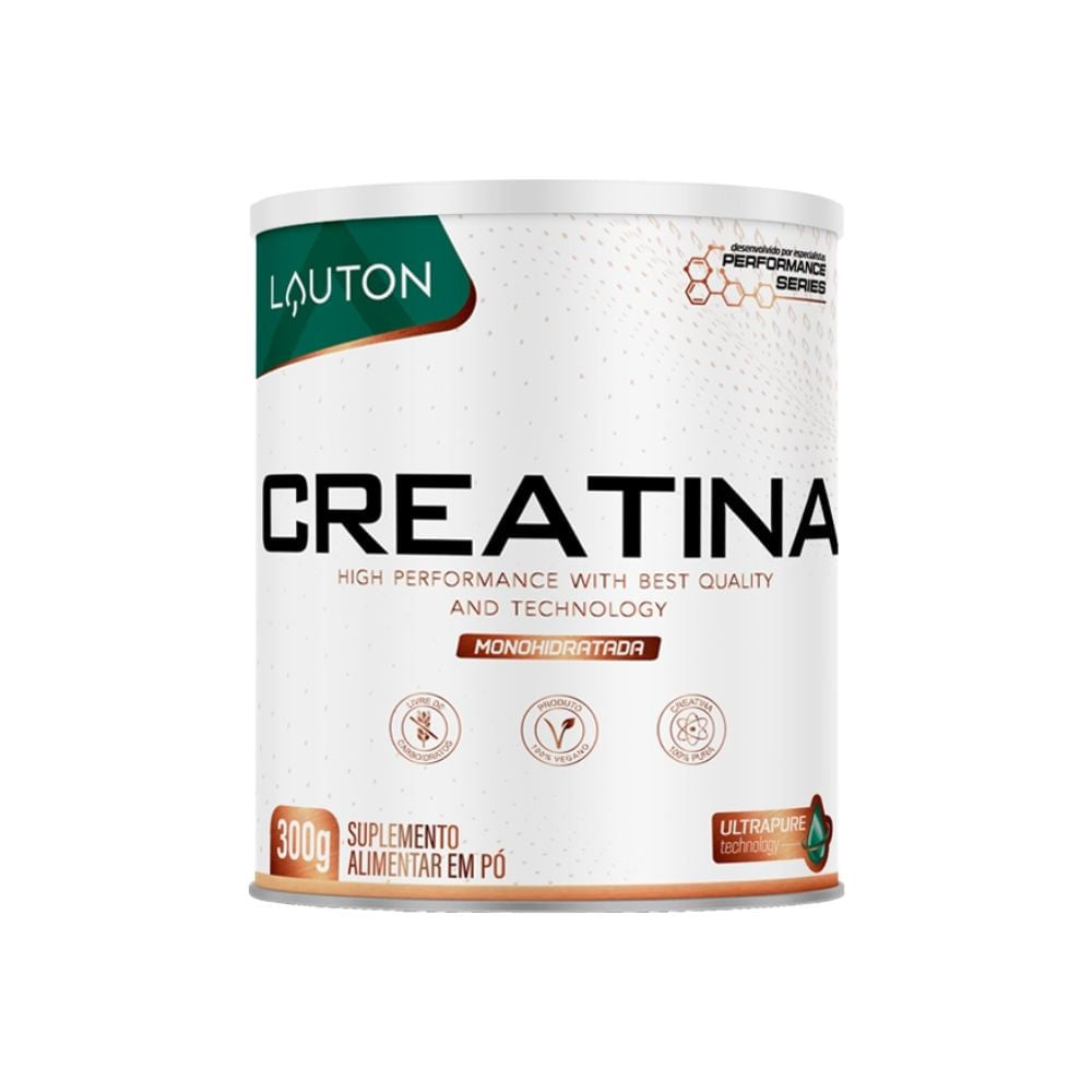 Pote-branco-da-Lauton-com-tampa-prata-rotulo-exibe-a-palavra-Creatina-em-destaque-com-selo-UltraPure-e-indicacao-de-300g-na-base-da-embalagem.