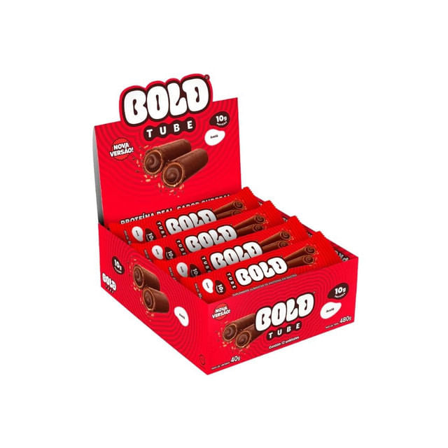 Caixa-expositora-vermelha-com-embalagens-do-Bold-Tube-destacando-a-marca-e-imagem-ilustrativa-do-snack-recheado-de-avela-coberto-com-chocolate.