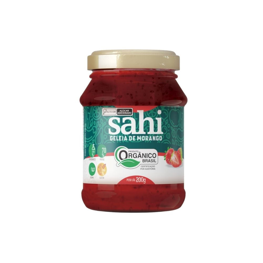 Pote-de-vidro-com-tampa-dourada-contendo-Geleia-de-Morango-organica-da-marca-Sahi-rotulo-verde-com-destaque-para-frutas-e-selo-organico.