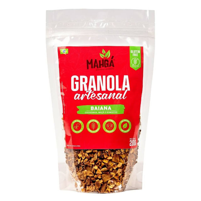 Pacote-transparente-com-rotulo-vermelho-da-marca-Mahga-exibindo-granola-artesanal-com-cocadinha-maca-e-sementes.