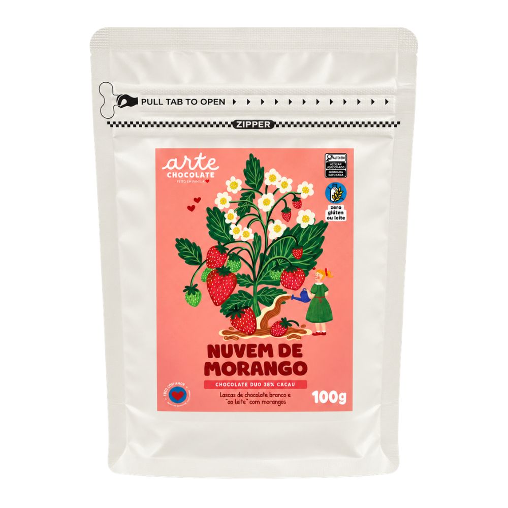 Lascas de Chocolate Vegano Duo 38% Nuvem de Morango 100g Arte Chocolate