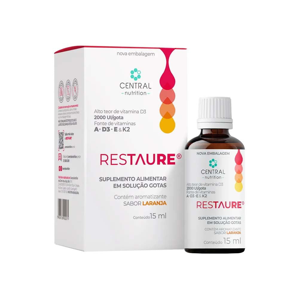 Vitaminas A D3 E e K2 em Gotas Sabor Laranja RESTAURE 15ml Central Nutrition