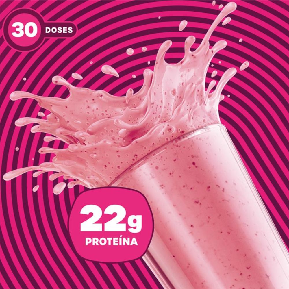 Shake-de-bold-whey-sabor-mousse-de-morango-sendo-servido-com-destaque-para-22g-de-proteina-por-dose