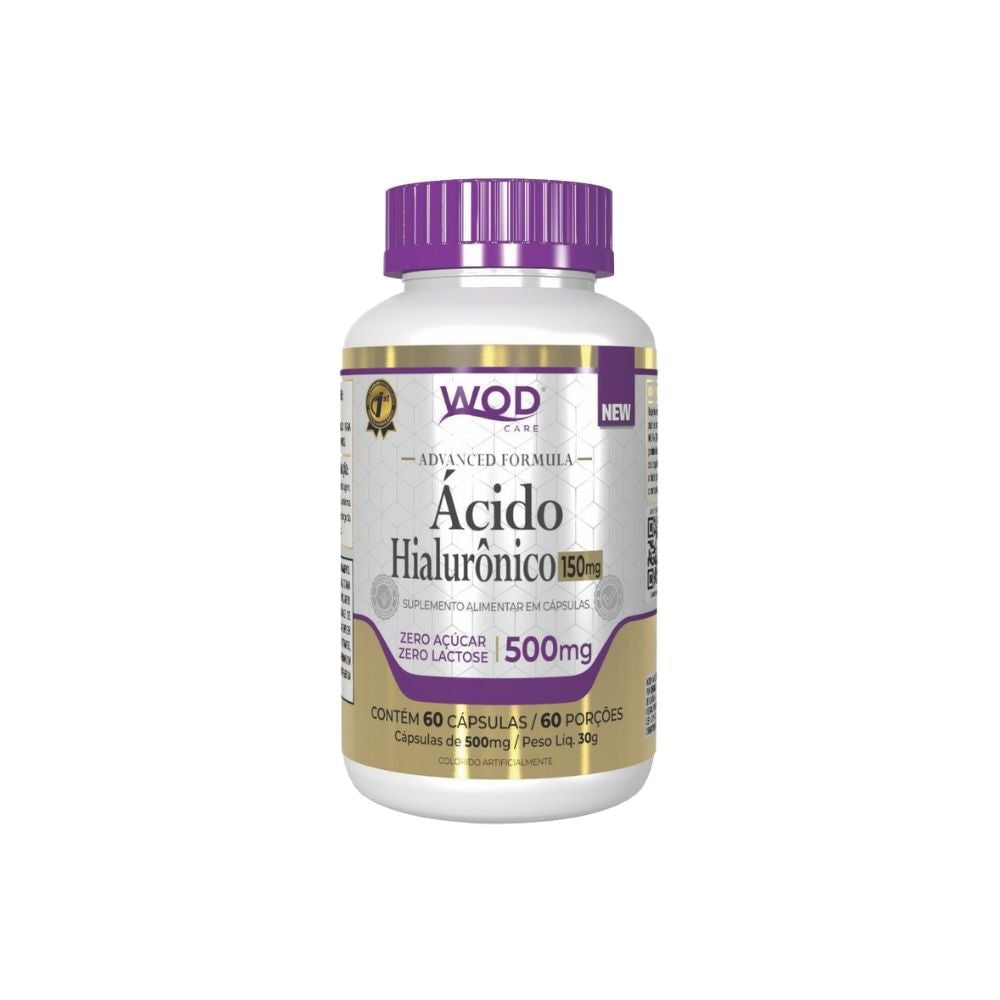 Frasco-branco-com-detalhes-roxos-contendo-suplemento-de-Acido-Hialuronico-indicado-para-pele-e-articulacoes.-Rotulo-destaca-150mg-por-capsula.