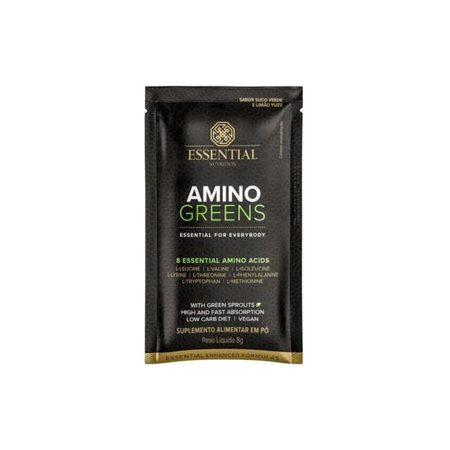 Sache-preto-e-dourado-do-Amino-Greens-Essential-Nutrition-com-detalhes-em-verde.-Destaca-aminoacidos-essenciais-e-formula-vegana.
