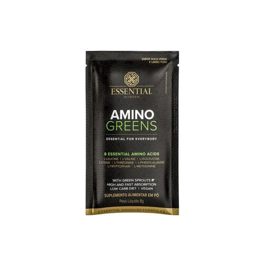 Sache-preto-e-dourado-do-Amino-Greens-Essential-Nutrition-com-detalhes-em-verde.-Destaca-aminoacidos-essenciais-e-formula-vegana.