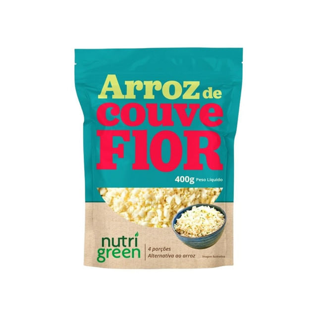 Embalagem-de-Arroz-de-Couve-Flor-Nutri-Green-400g-com-janela-transparente-ilustracao-do-produto-pronto-e-destaque-para-4-porcoes.