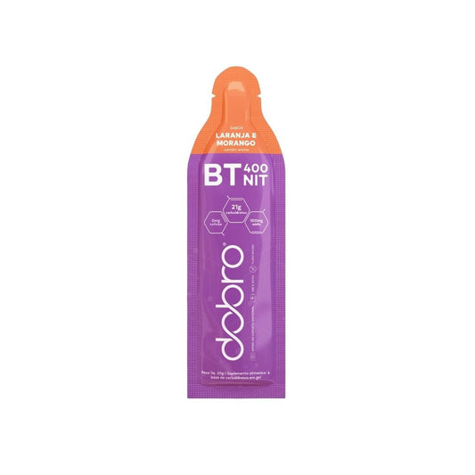 Sache-roxo-e-laranja-de-Gel-de-Carboidrato-sabor-laranja-e-morango-com-21g-de-carboidratos-e-400mg-de-nitrato-por-porcao.