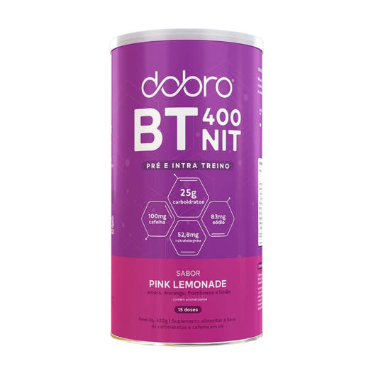 Lata-roxa-de-Pre-Treino-Dobro-BT400-sabor-pink-lemonade-com-25g-de-carboidratos-100mg-cafeina-e-15-doses-por-embalagem.