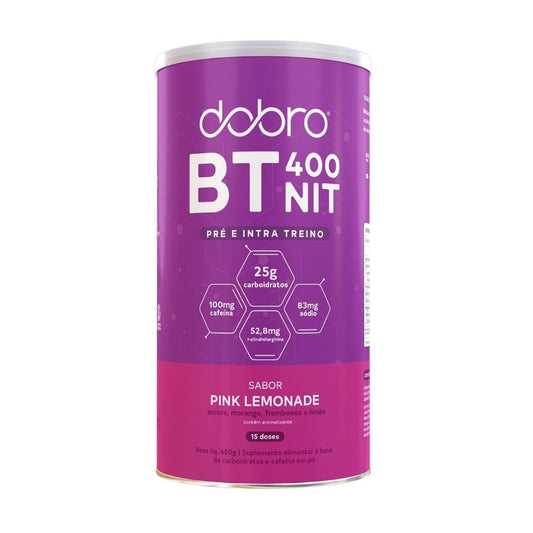 Lata-roxa-de-Pre-Treino-Dobro-BT400-sabor-pink-lemonade-com-25g-de-carboidratos-100mg-cafeina-e-15-doses-por-embalagem.