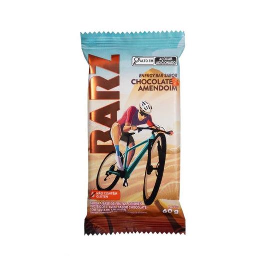 Embalagem-de-Barra-Energetica-sabor-chocolate-e-amendoim-da-marca-Barz-com-ilustracao-de-ciclista-fundo-em-tons-bege-e-laranja.