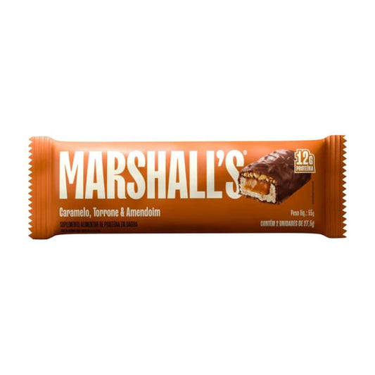 Embalagem-laranja-da-Barra-de-Proteina-sabor-caramelo-torrone-e-amendoim-Marshalls-destacando-12g-de-proteina-e-visual-do-recheio.