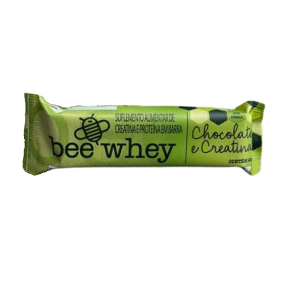 Embalagem-verde-da-Bee-Whey-com-os-dizeres-“Chocolate-e-Creatina”-do-tipo-barra-de-proteina-com-45g.
