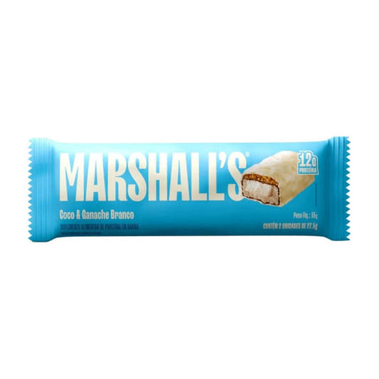 Embalagem-azul-da-Barra-de-Proteina-Marshalls-sabor-coco-e-ganache-branco-com-imagem-da-barra-coberta-de-chocolate-branco-12g-de-proteina.