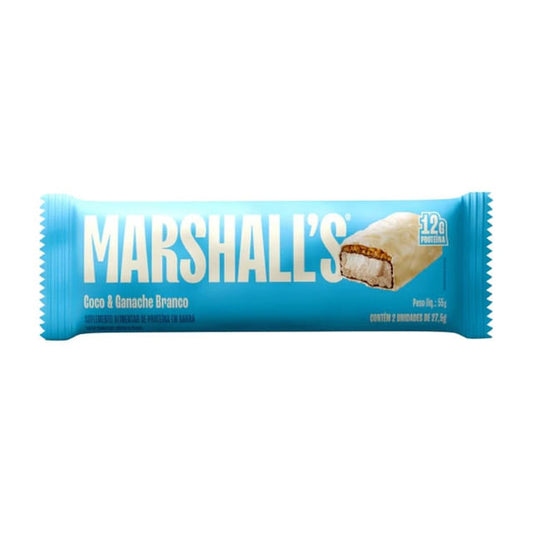 Embalagem-azul-da-Barra-de-Proteina-Marshalls-sabor-coco-e-ganache-branco-com-imagem-da-barra-coberta-de-chocolate-branco-12g-de-proteina.