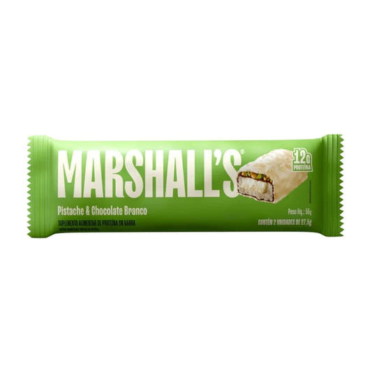Embalagem-verde-da-Barra-de-Proteina-sabor-Pistache-e-Chocolate-Branco-da-Marshall’s-com-destaque-para-12g-de-proteina-no-rotulo.
