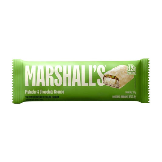 Embalagem-verde-da-Barra-de-Proteina-sabor-Pistache-e-Chocolate-Branco-da-Marshall’s-com-destaque-para-12g-de-proteina-no-rotulo.