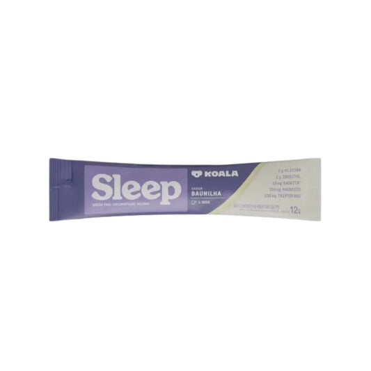 Embalagem-de-Bebida-Noturna-sabor-baunilha-Koala-Sleep-To-Go-sache-roxo-e-branco-com-informacoes-nutricionais-impressas.