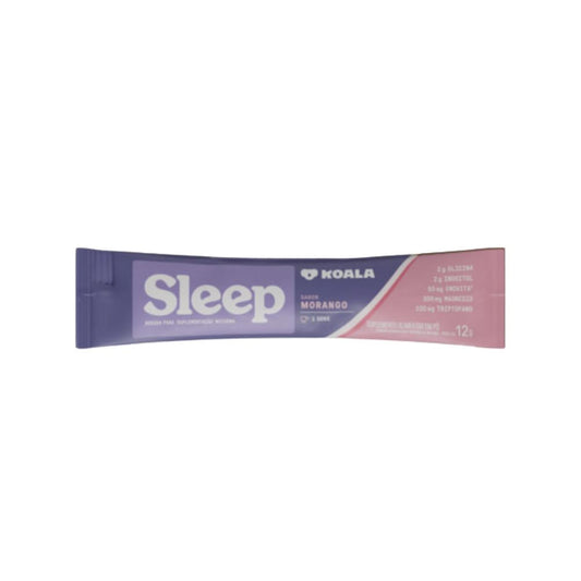 Sache-roxo-e-rosa-de-Bebida-Noturna-Koala-Sleep-sabor-morango-com-informacoes-nutricionais-destacadas-na-embalagem.
