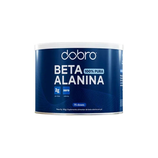 Embalagem-cilindrica-azul-de-Beta-Alanina-Dobro-destacando-100--pura-2g-por-dose-zero-calorias-e-75-doses.-Design-moderno-com-tampa-branca.