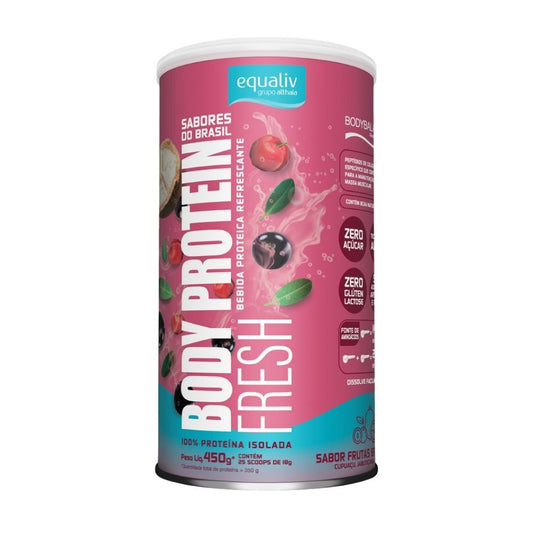 Imagem-de-uma-embalagem-cilindrica-rosa-da-proteina-Body-Protein-Fresh-com-frutas-brasileiras-e-informacoes-como-zero-acucar-e-lactose.