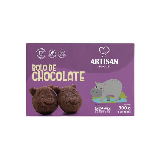 Embalagem-roxa-do-Bolo-de-Chocolate-Sem-Gluten-e-Leite-Artisan-300g-com-6-unidades.-Ilustracao-de-hipopotamo-e-bolinhos-em-formato-de-urso.