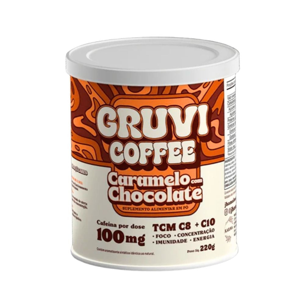 Lata-de-Cafe-Funcional-Gruvi-Coffee-sabor-caramelo-com-chocolate-com-rotulo-colorido-em-tons-de-laranja-e-informacoes-nutricionais.