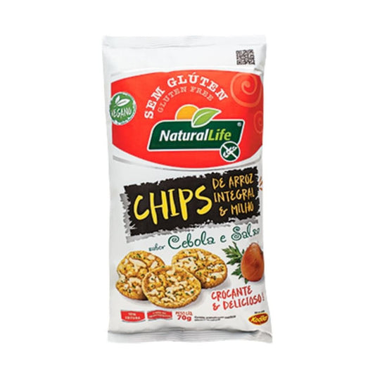 Pacote-branco-de-Chips-de-Arroz-sabor-cebola-e-salsa-da-marca-Natural-Life-com-selo-sem-gluten-e-visual-de-snack-crocante-vegano.