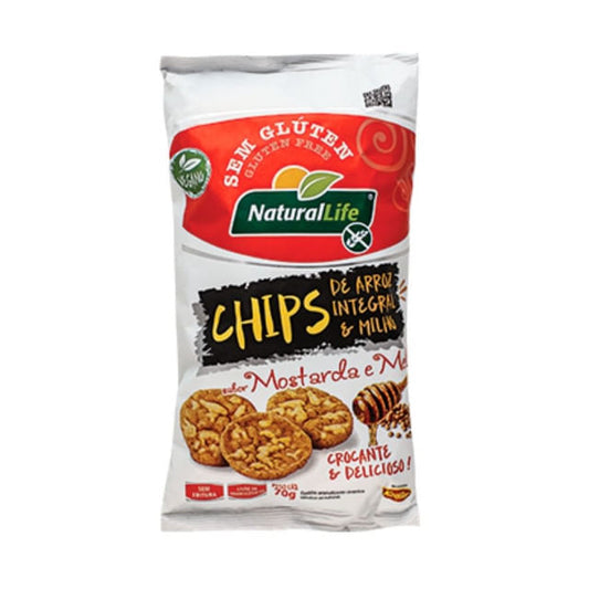 Embalagem-branca-de-Chips-de-Arroz-sabor-mostarda-e-mel-Natural-Life-com-selo-sem-gluten-e-ilustracao-dos-chips-crocantes-na-frente.