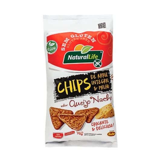 Embalagem-branca-e-vermelha-dos-Chips-de-Arroz-sabor-queijo-nacho-da-marca-Natural-Life-com-destaque-para-selo-sem-gluten-e-imagem-dos-chips.