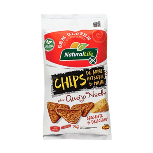Embalagem-branca-e-vermelha-dos-Chips-de-Arroz-sabor-queijo-nacho-da-marca-Natural-Life-com-destaque-para-selo-sem-gluten-e-imagem-dos-chips.