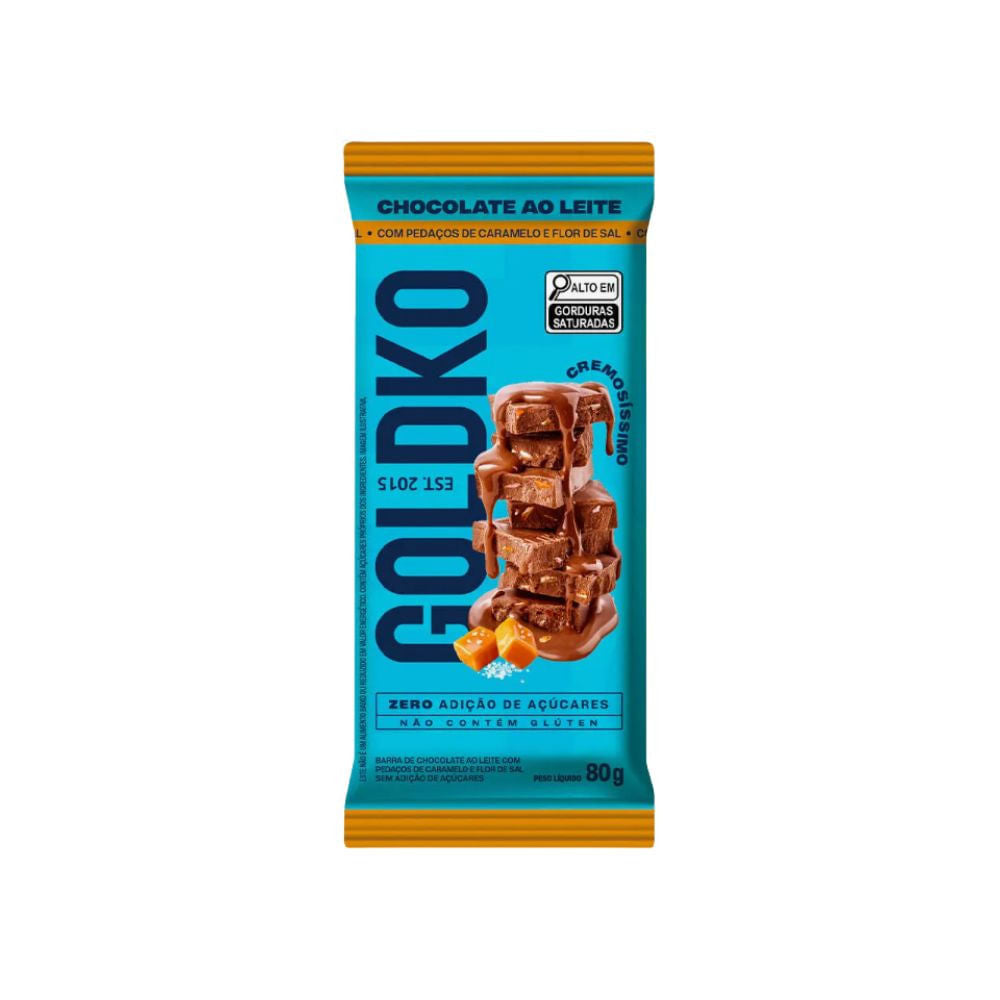 Chocolate Zero Açúcar ao Leite com Pedaços de Caramelo e Flor de Sal 80g GoldKo