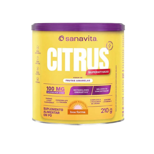 Embalagem-cilindrica-amarela-e-roxa-do-suplemento-Citrus-Superativado-Sanavita-com-210g-e-destaque-para-frutas-amarelas-no-rotulo.