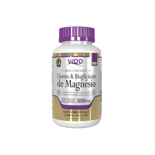 Frasco-branco-com-tampa-roxa-e-rotulo-destacando--Cloreto---Bisglicinato-de-Magnesio-.-Texto-indica-zero-acucar-lactose-e-60-capsulas.-Fundo-branco.