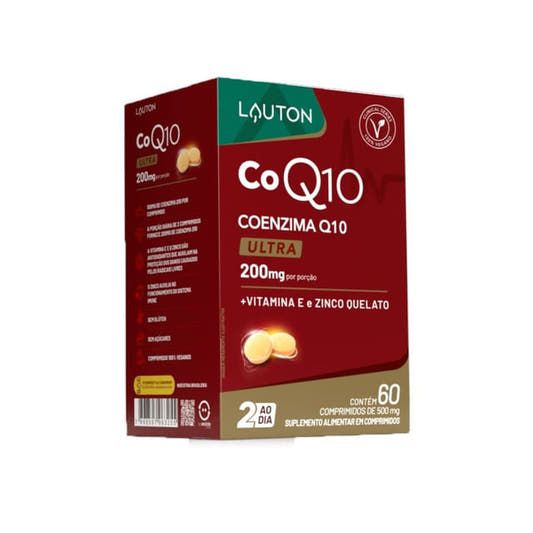 Caixa-vermelha-da-Lauton-com-o-nome-Coenzima-Q10-em-destaque-indicando-200mg-por-porcao-com-vitamina-E-zinco-e-60-comprimidos-veganos.