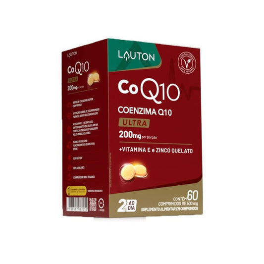Caixa-vermelha-da-Lauton-com-o-nome-Coenzima-Q10-em-destaque-indicando-200mg-por-porcao-com-vitamina-E-zinco-e-60-comprimidos-veganos.