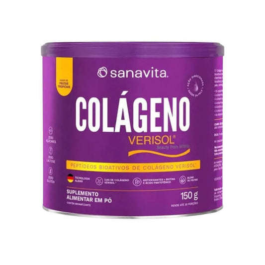 Pote-roxo-com-tampa-da-Sanavita-rotulo-exibe-a-palavra-Colageno-em-destaque-e-sabor-frutas-tropicais-com-selo-Verisol-e-150g.