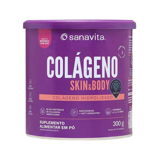 Pote-roxo-com-tampa-da-Sanavita-rotulo-destaca-a-palavra-Colageno-e-indica-sabor-morango-com-acai-com-vitaminas-e-niacinamida.