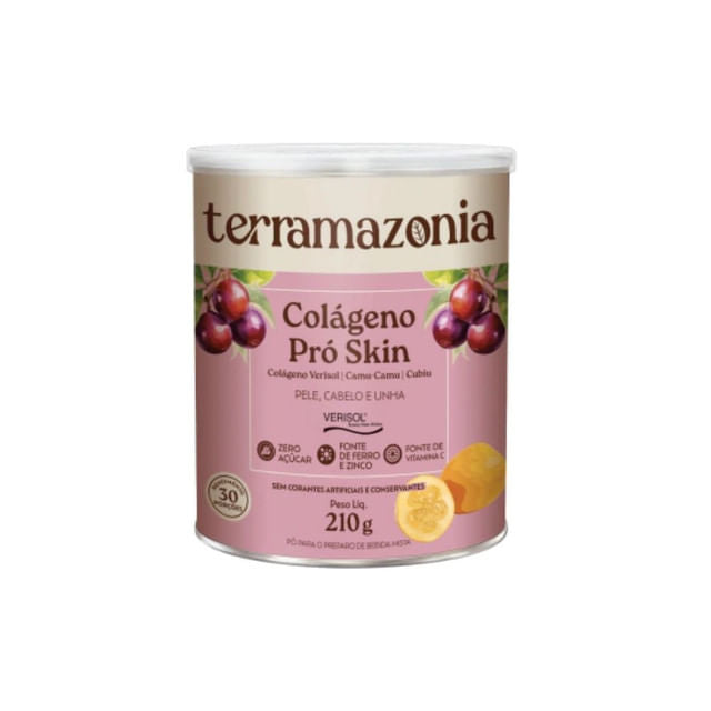 Embalagem-de-Colageno-Terramazonia-210g-com-frutas-ilustradas-e-informacoes-de-fonte-de-ferro-zinco-e-vitamina-C-na-frente.