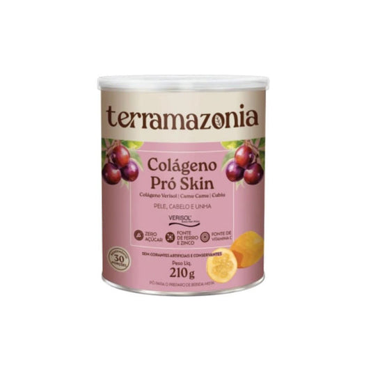 Embalagem-de-Colageno-Terramazonia-210g-com-frutas-ilustradas-e-informacoes-de-fonte-de-ferro-zinco-e-vitamina-C-na-frente.