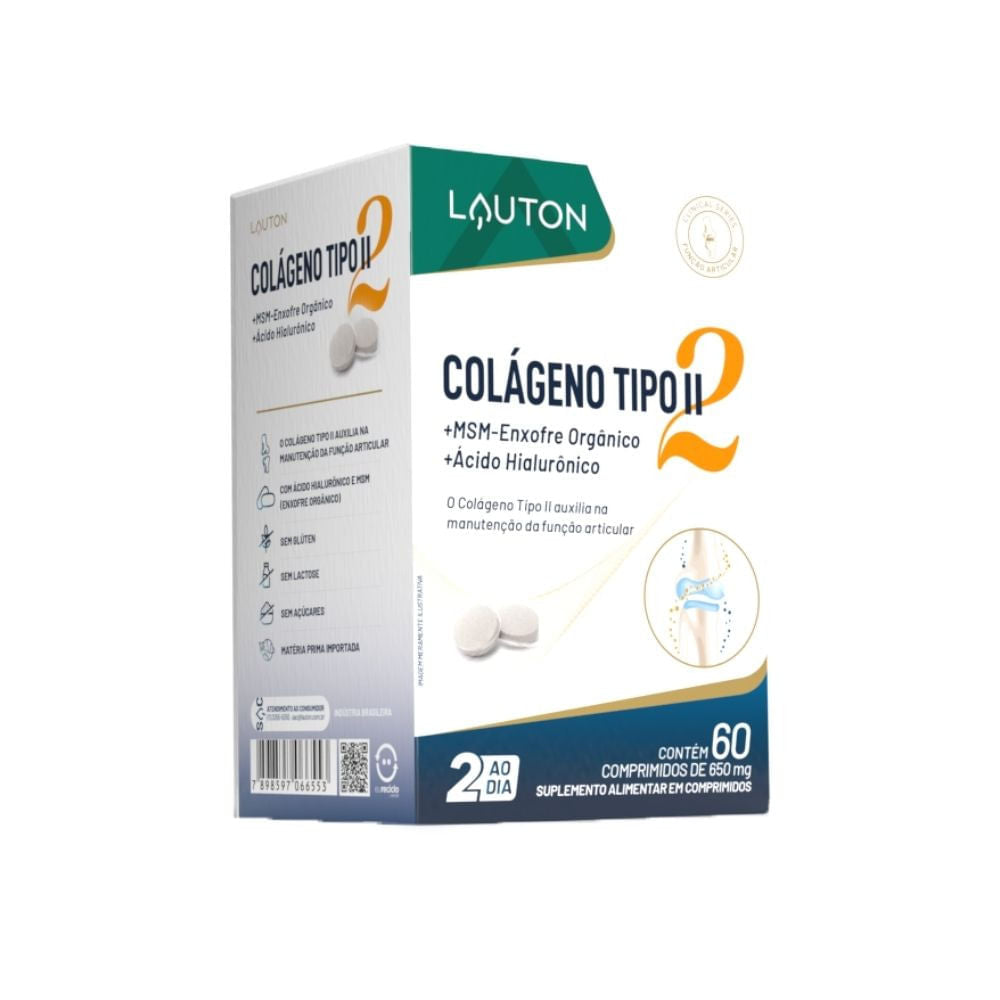 Caixa-branca-e-azul-da-Lauton-com-o-texto-Colageno-Tipo-II-destacando-acido-hialuronico-MSM-e-60-comprimidos-para-saude-articular.