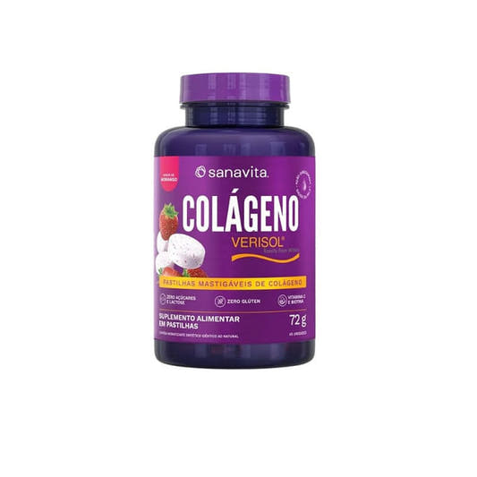 Frasco-roxo-da-Sanavita-com-rotulo-do-produto-Colageno-em-Pastilhas-sabor-morango-com-destaque-para-o-selo-Verisol.