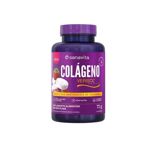 Frasco-roxo-da-Sanavita-com-rotulo-do-produto-Colageno-em-Pastilhas-sabor-morango-com-destaque-para-o-selo-Verisol.