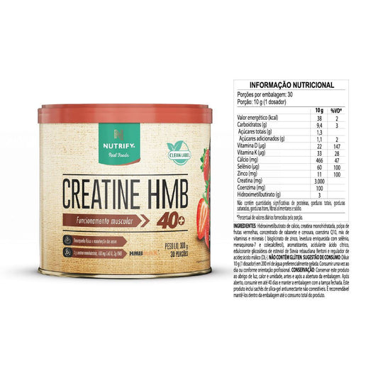 Pote-de-creatina-HMB-Nutrify-ao-lado-da-tabela-nutricional-com-30-porcoes-e-vitaminas-essenciais