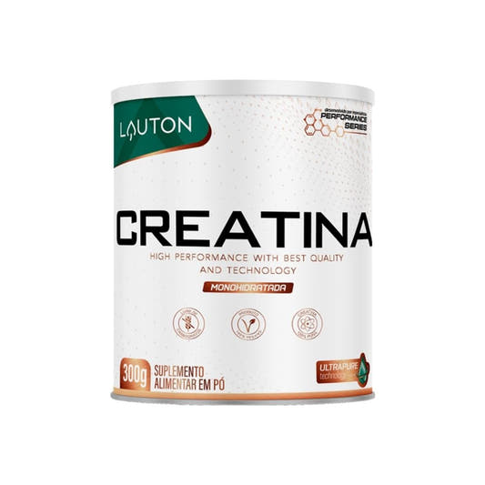 Pote-branco-da-Lauton-com-tampa-prata-rotulo-exibe-a-palavra-Creatina-em-destaque-com-selo-UltraPure-e-indicacao-de-300g-na-base-da-embalagem.