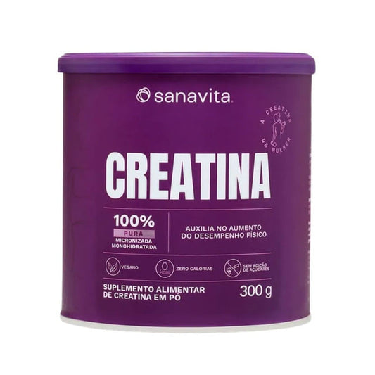 Pote-roxo-da-Sanavita-com-o-nome-Creatina-Monohidratada-em-destaque-indicando-300g-100--pura-vegana-sem-calorias-e-sem-adicao-de-acucares.