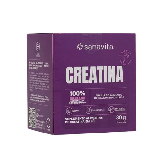 Caixa-roxa-da-Sanavita-com-a-inscricao-Creatina-Monohidratada-indicando-100--pura-com-10-saches-zero-calorias-e-formula-vegana.
