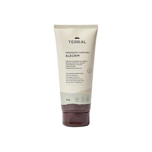 Hidratante-Corporal-Alecrim-Terral-180g-em-bisnaga-bege-com-tampa-marrom-com-ativos-antioxidantes-e-fragrancia-revigorante.